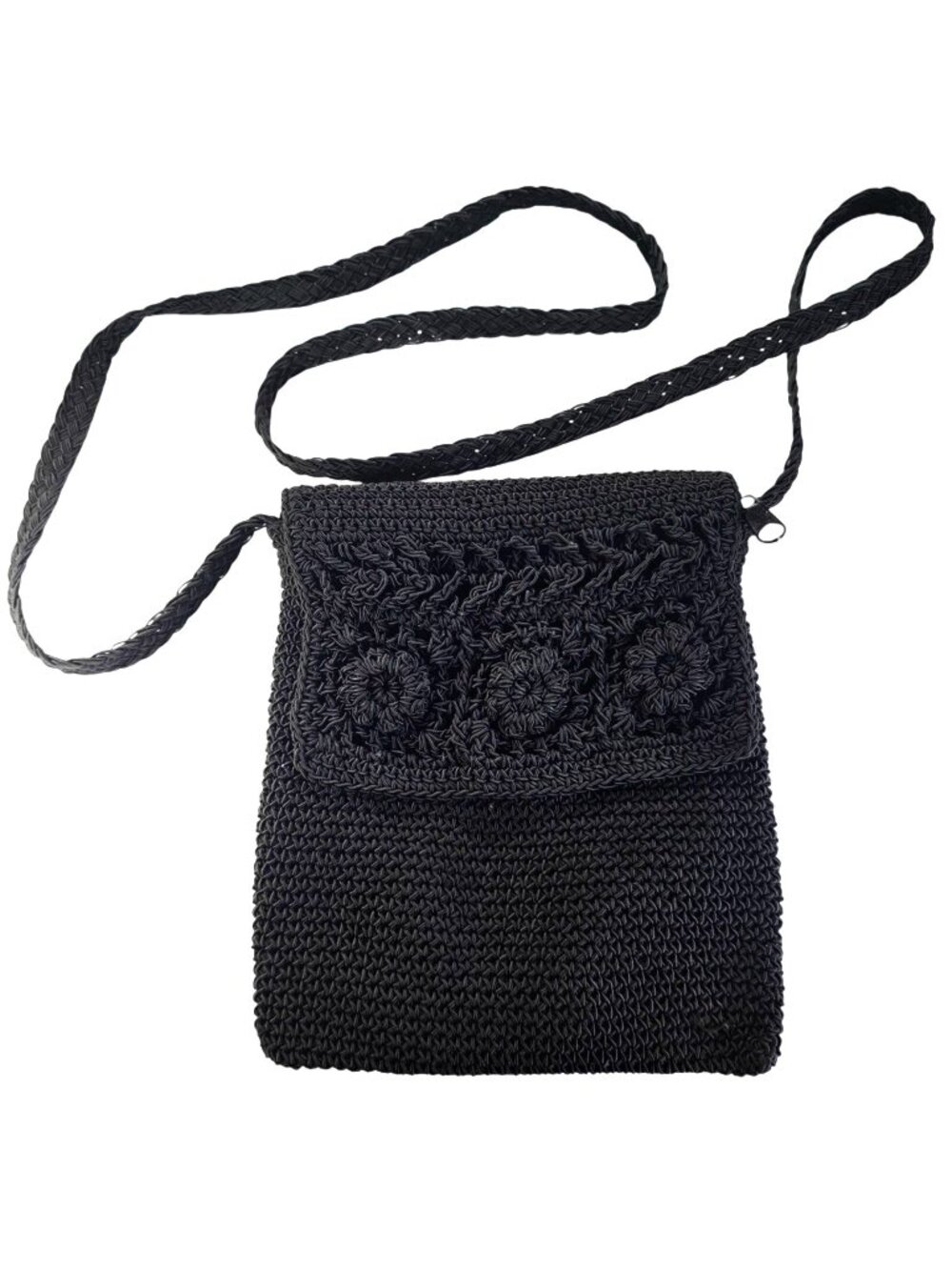 Handmade Black Crochet Crossbody Bag Floral Pattern  Zipper Closure Purse